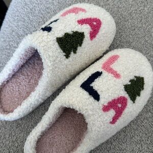 Christmas Cozy Cream Slippers with Pink and Green Accents